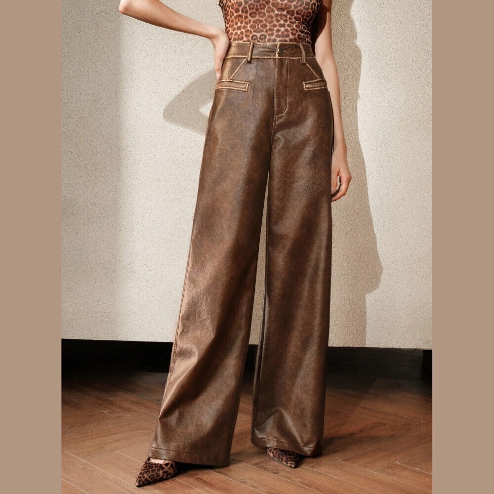 Brown Distressed Faux Leather High Waist Wide Leg Pants